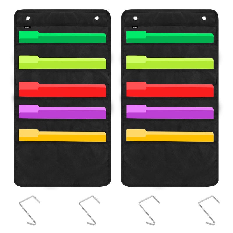 Sinzip 2 Pack Heavy Duty 5 Pocket Door Hanging File Organizer, Black Wall Storage Pocket Charts with 2 Hangers, Great for Classroom, School, Home or Office Use (5 Pocket-2Pack) - Image 1